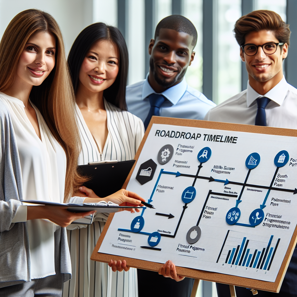 Project manager displaying a roadmap timeline on a whiteboard while colleagues review financial programme milestones and KPIs