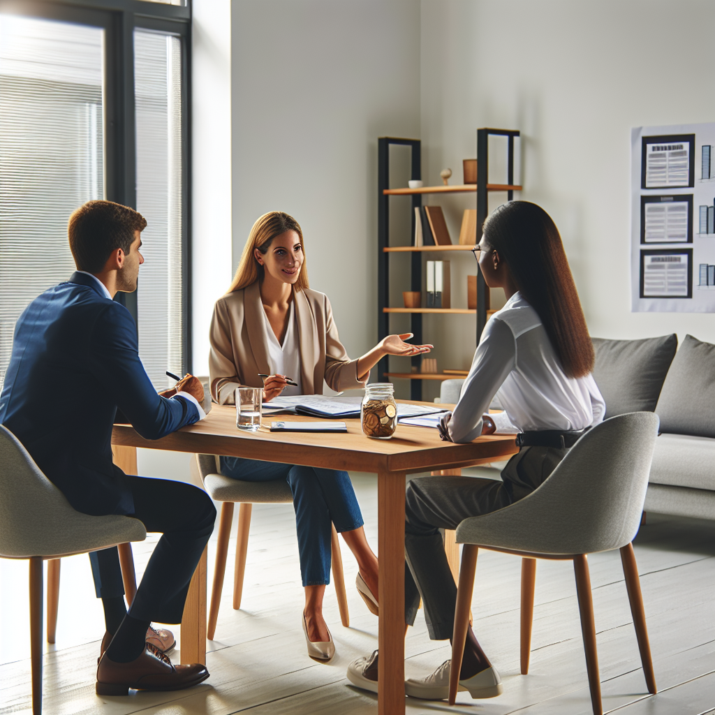 Programme coordinator discussing financial planning steps with two clients in a meeting room with planning charts