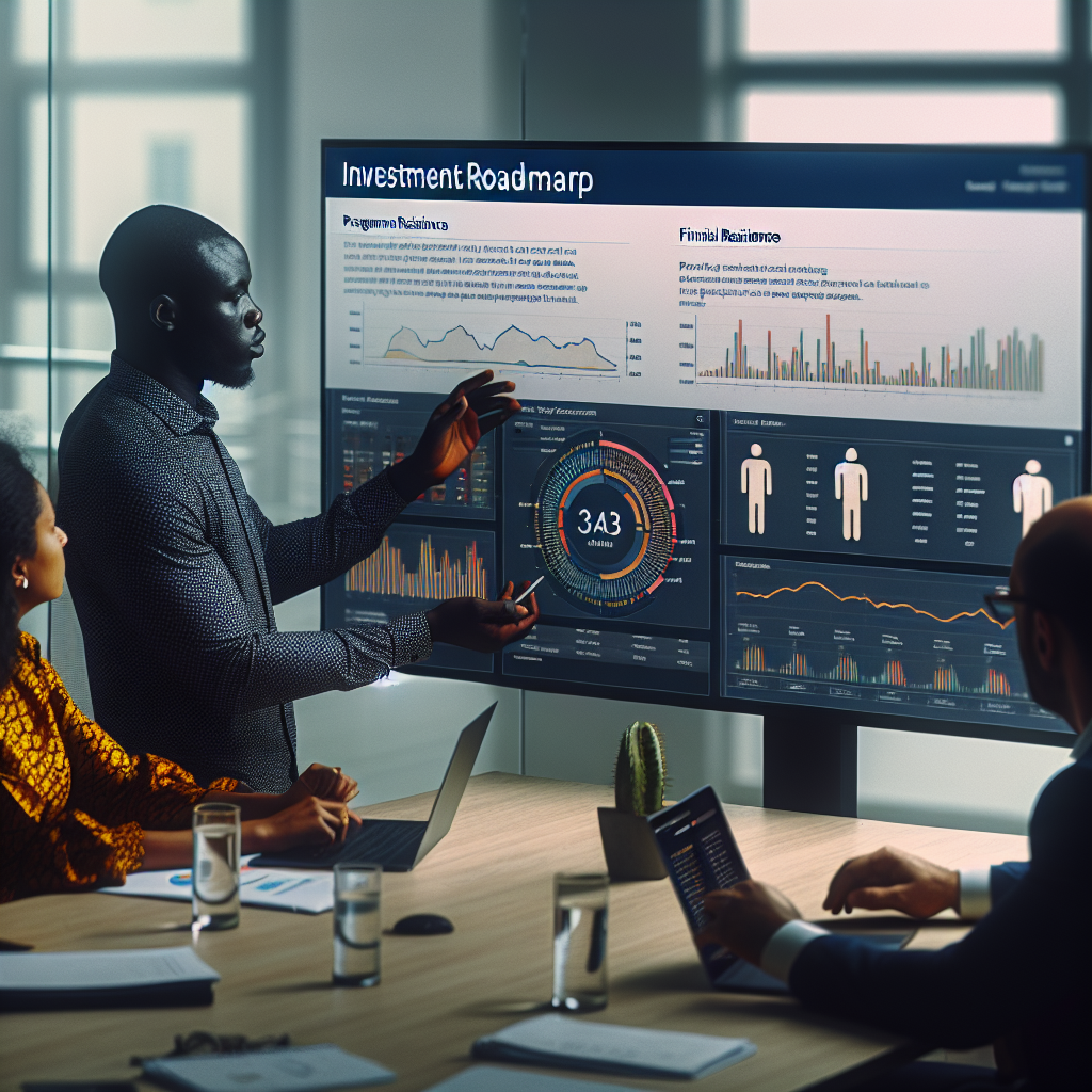 Data analyst in Ghana presenting a financial resilience dashboard on a large monitor to two programme facilitators reviewing metrics together
