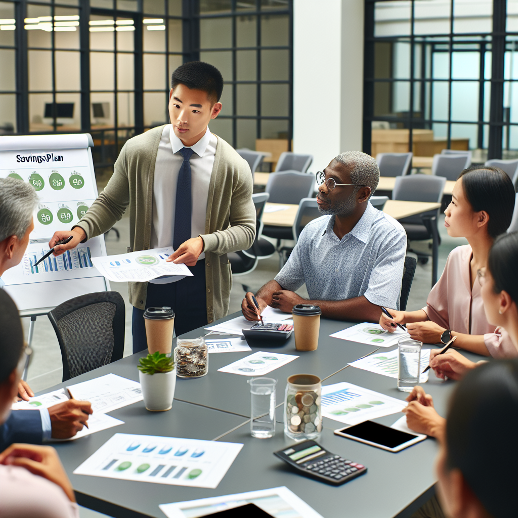 Facilitator leading a savings planning session using charts and calculators with Ghanaian participants in a modern training room