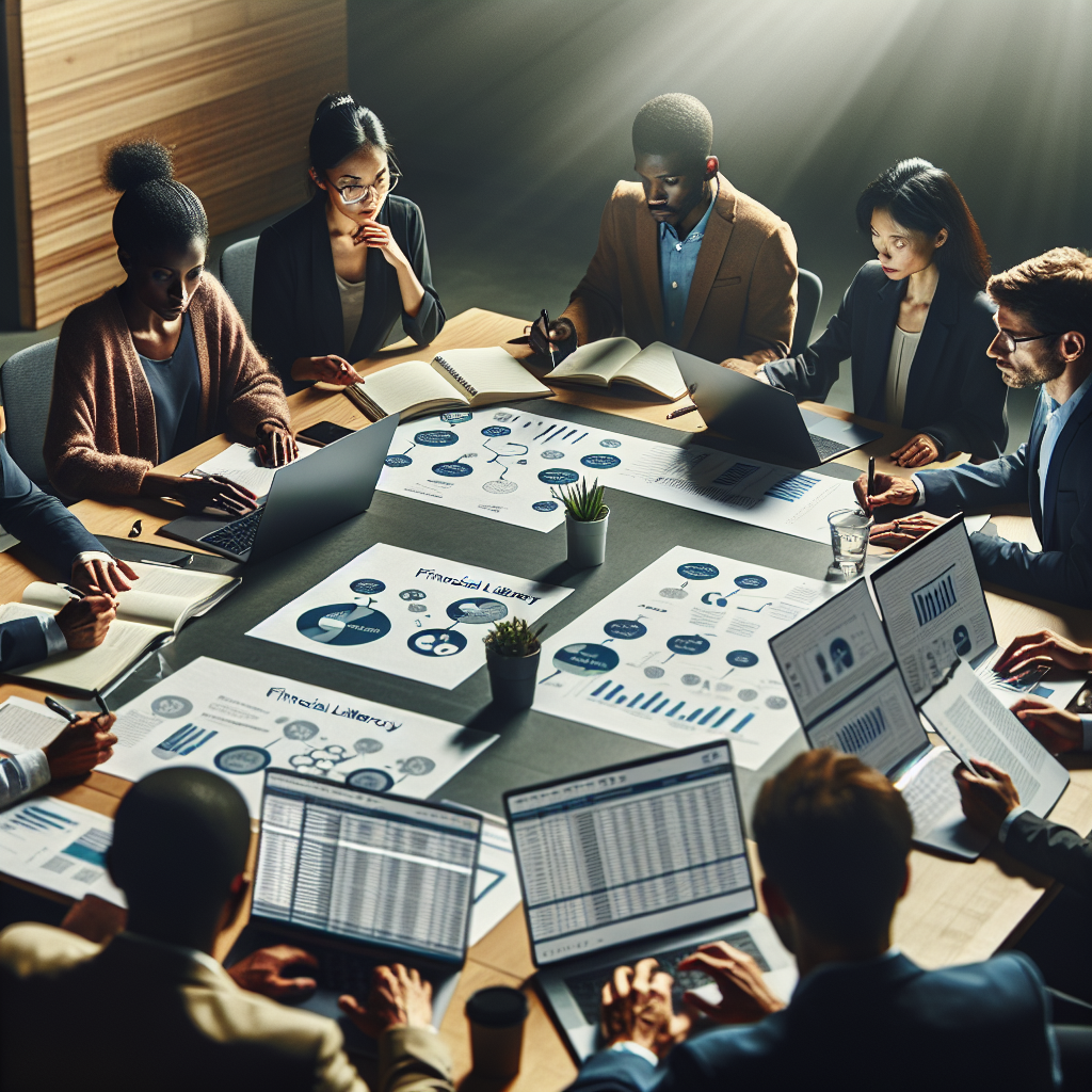 Facilitators collaborating at a conference table with printed financial literacy workbooks and laptops open to planning templates